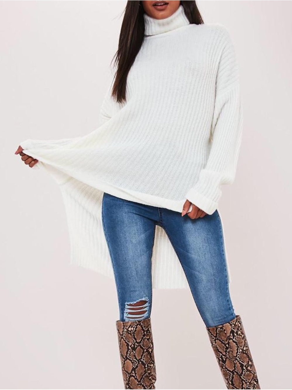 Missguided Cream Ribbed Turtleneck Sweater Dress